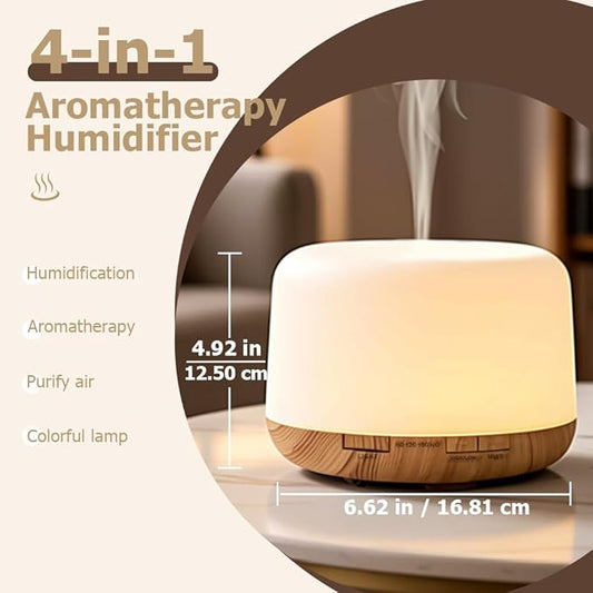 500ml Premium Essential Oil Diffuser,Quiet 4-in-1 Ultrasonic Aromatherapy Humidifier,7 Color LED Lights,with Adjustable Automatic Timer Off Function and Spray Mode. (Light Woodgrain, Basic Edition)
