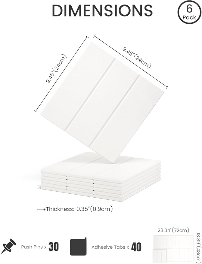 Felt Bulletin Board Tiles -28"x18" with 40 Adhesive Tabs, Cork Board Alternative for Office Decor, Push Pin Board Wall Organizer 6-Pack(Milky White)
