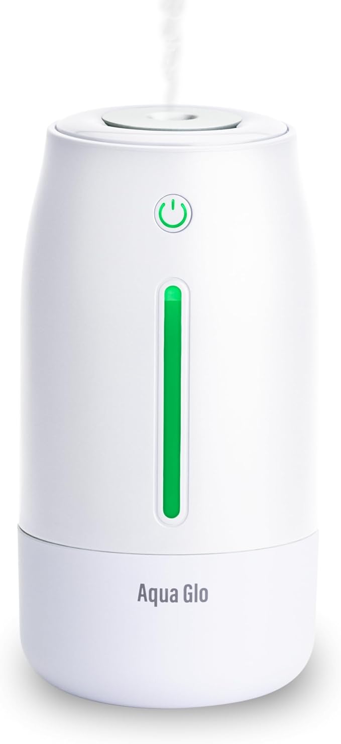 Aqua Glo Personal, Portable Humidifiers for Bedroom – Ultrasonic Cool Mist Humidifier with Built In Rechargeable Battery. Air Humidifier for Baby, Plants, Home, Office, Travel. White