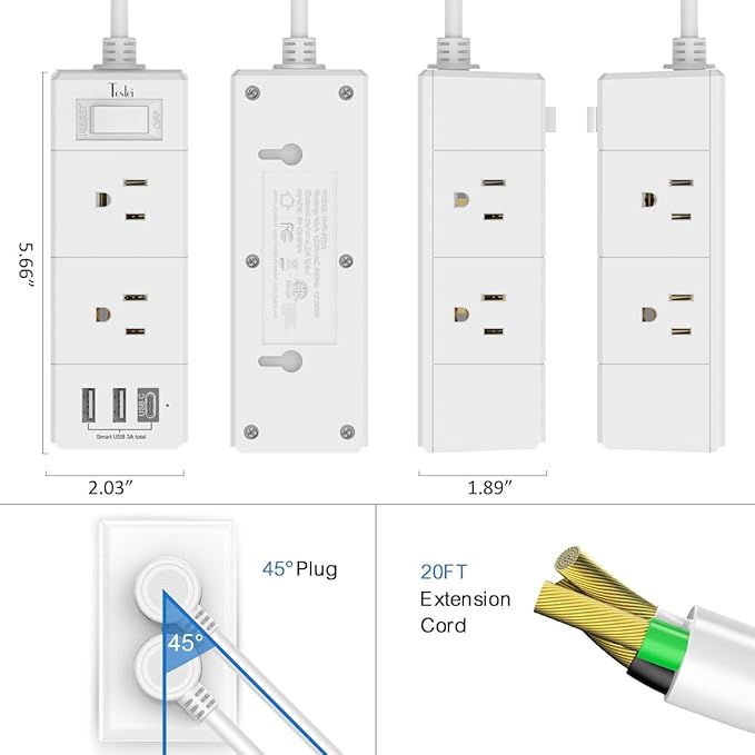 20Ft Extension Cord Flat Plug Power Strip - Tcstei 3-Side Outlet Extender with 6 AC Outlets and 3 USB Ports (1 USB C), Compact for Home, Office, Dorm Room Essentials, White
