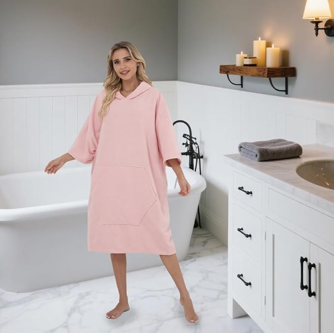 Surf Poncho Hooded Beach Towel, Quick Dry Terry Cloth, Extra Large Changing Robe with Pockets for Adults, Unisex Skin Pink Cover-Up for Swim, Bath, Beach, Gift for Swimmer Lovers