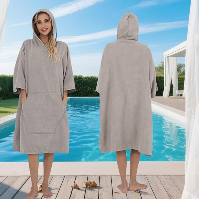 Surf Poncho Hooded Beach Towel, Quick Dry Terry Cloth, Extra Large Changing Robe with Pockets for Adults, Unisex Light Grey Cover-Up for Swim, Bath, Beach, Gift for Swimmer Lovers