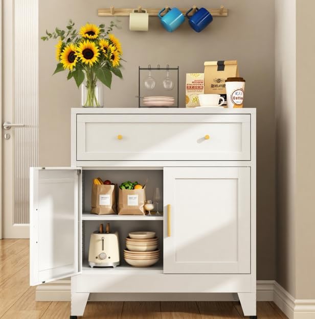Metal Sideboard Cabinet, Small Pantry Sideboard Cabinets with 2 Doors and Adjustable Shelves, White Metal Buffet Cabinet for Kitchen Dining Room Living Room, Entryway, Bathroom,Office