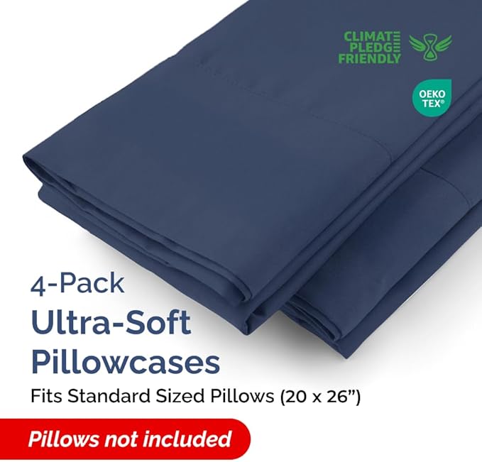 Standard Pillow Cases - 4 Pack - Super Soft Pillowcase Covers - Envelope Enclosure - Hotel Quality Pillow Protectors - Wrinkle Free, Shrink & Stain Resistant - Machine Washable - 20" x 26" (Navy Blue)