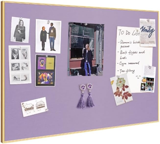 Bulletin Board 30 x 20 inches, Mystic Violet Pin Board, Golden Aluminum Framed Fabric Cork Board with 10 Push Pins