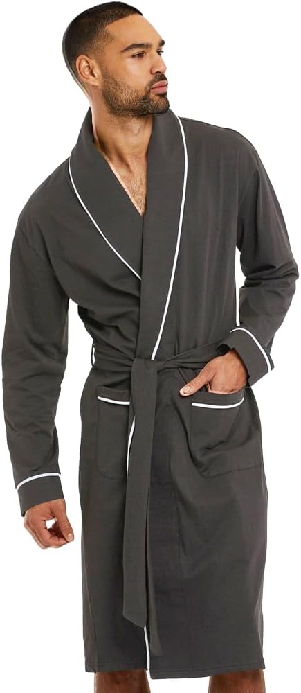 HOLOVE Men's Pure Cotton Bathrobe Lightweight Kimono and Hooded Spa Robes Soft Sleepwear