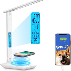 Multifunctional LED Desk Lamp with Wireless Charger,USB Charging Port,Clock,Phone Holder,Desk Lamps for Home Office,Eye-Caring Reading Lamp,Study Lamp for Boys,Girls,Teens,White