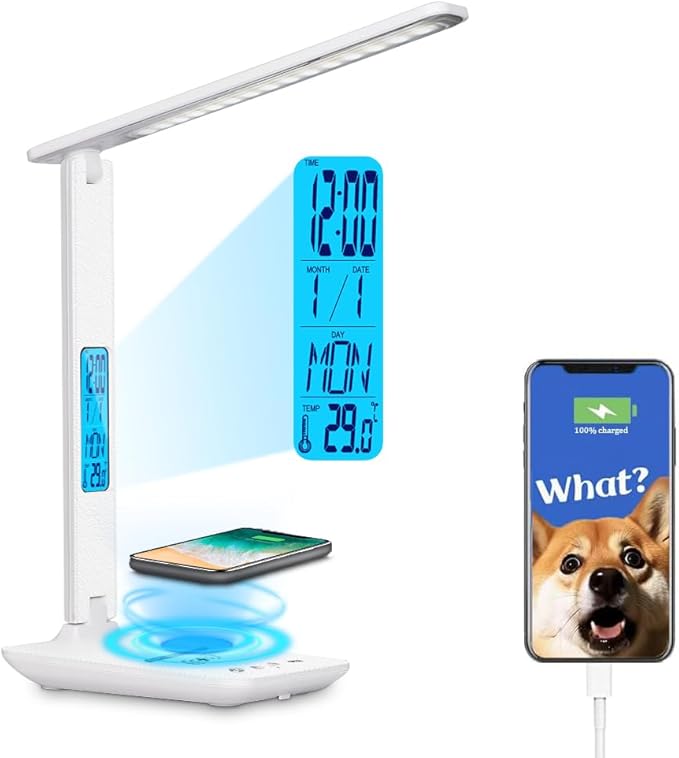 Multifunctional LED Desk Lamp with Wireless Charger,USB Charging Port,Clock,Phone Holder,Desk Lamps for Home Office,Eye-Caring Reading Lamp,Study Lamp for Boys,Girls,Teens,White