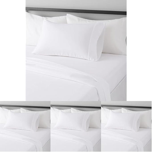 Amazon Basics Lightweight Super Soft Easy Care Dorm-Friendly, Microfiber 3 Piece Bed Sheet Set with 14-Inch Deep Pockets, Twin XL, Bright White, Solid (Pack of 4) AmazonBasics