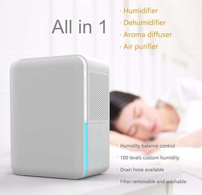 3 in 1 Dehumidifier, Humidifier & Air Filtration & aroma diffuser combo - 39Oz, Auto Humidity Control,Quiet, 27db，multifuctional colorful mist,for Bedroom/bathroom/home/basement/RV(350 sq.ft)