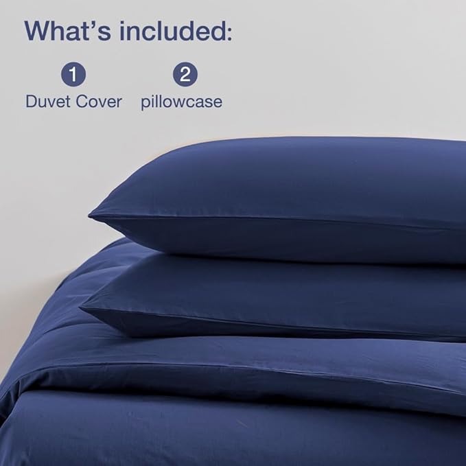 JELLYMONI Cotton Duvet Cover Queen Size - 100% Washed Cotton Linen Like Textured Comforter Cover, 3 Pieces Breathable Soft Bedding Set with Zipper Closure (Navy Blue, Queen 90"x90")