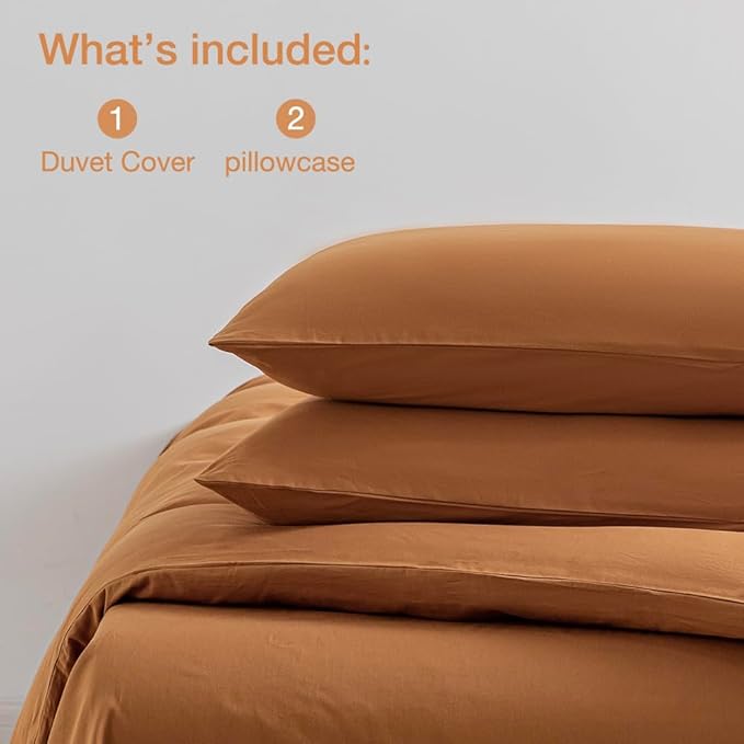 JELLYMONI Cotton Duvet Cover King Size - 100% Washed Cotton Linen Like Textured Comforter Cover, 3 Pieces Breathable Soft Bedding Set with Zipper Closure (Burnt Orange, King 104"x90")