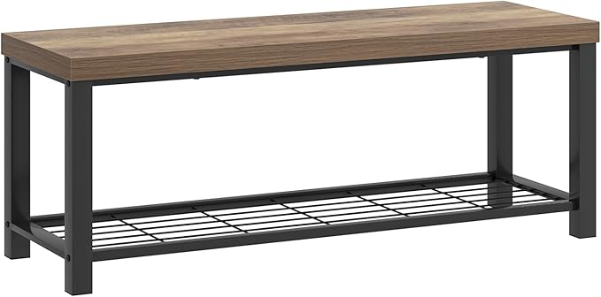 FOLUBAN Entryway Bench, Industrial Wood and Metal Storage Bench with Metal Shelf, Indoor Shoe Rack Bench Seat for Living Room, Bedroom, Hallway, Entrance, Rustic Oak, 47 Inch