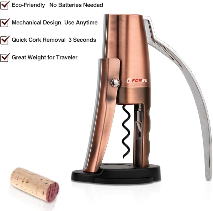 Forge Quality Compact Vertical Lever Corkscrew Wine Opener with Foil Cutter. 3 Seconds to Open a Bottle of Wine. Metallic Bronze