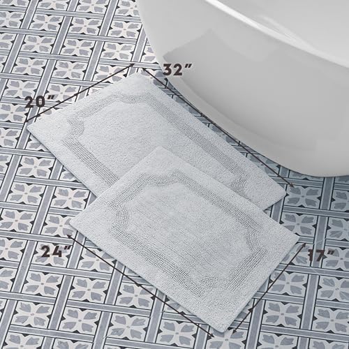 Laura Ashley - Reversible Cotton Bath Mat, Premium Bathroom Décor, Machine Washable Bathroom Rug, Highly Absorbent, 17"x24"/20"x32" 2-Piece Set, Light Grey