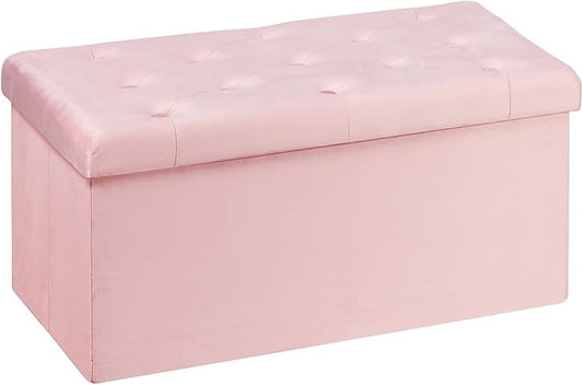 B FSOBEIIALEO Folding Storage Ottoman, Long Ottomans Shoes Bench, Velvet Storage Chest Footrest Seat 31.5"x15.7"x15.7" (Pink, Large)