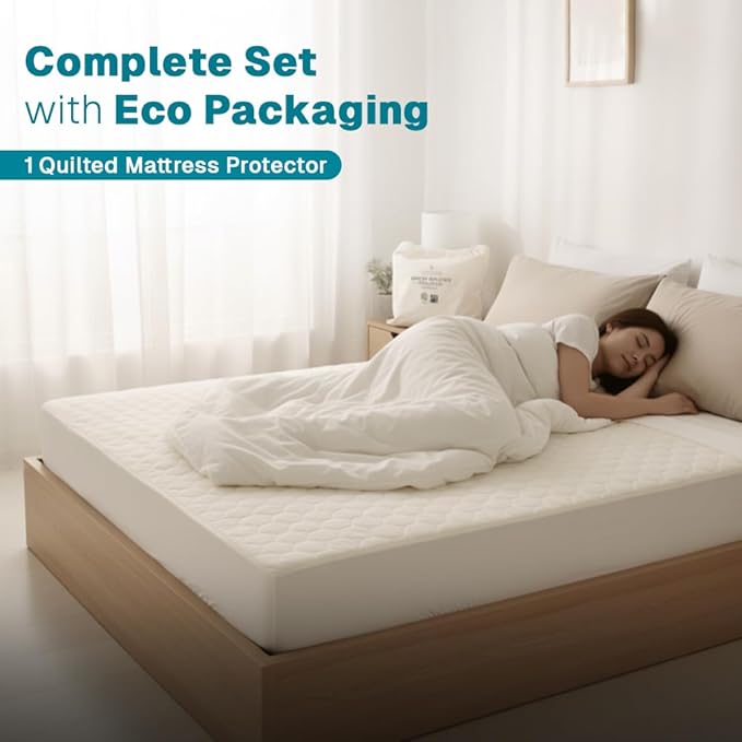 FABDREAMS Organic Quilted Mattress Protector Queen Size | Mattress Pad| Mattress Cover| Naturally Breathable | Noiseless| Fits up to 17" Deep Pocket| Temperature Regulating | Ivory
