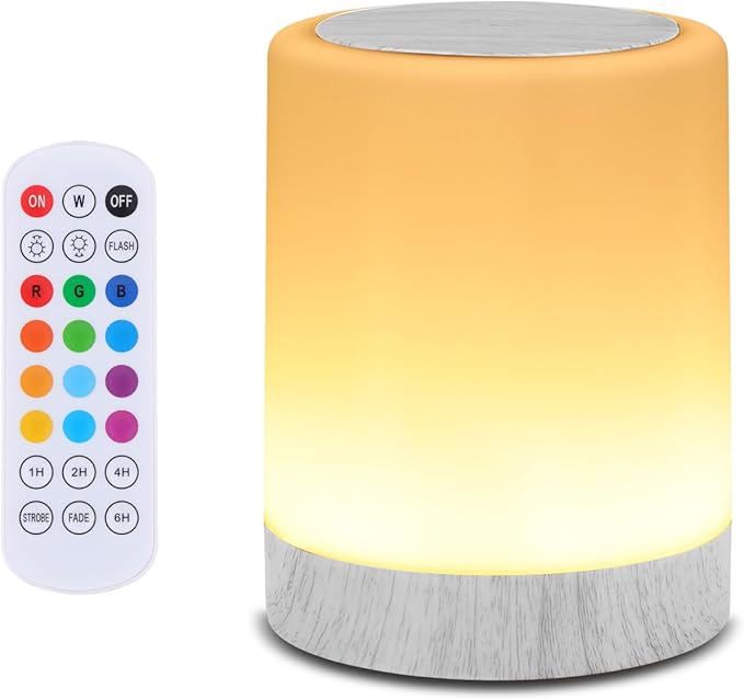 OORUN Touch Bedside Table Lamp,13 RGB Colors & 5 Brightness, USB Rechargeable Desk Lamp, Remote Control Dimmable Light with RGB Color Changing,Portable Lamp for Baby (Wood Grain Beige)
