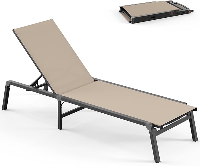 Foldable Pool Lounge Chairs, Aluminum Chaise Lounge Outdoor with 5 Positions Recliner - Free Assembly - Patio Lounge Chair for Poolside, Beach (Khaki)