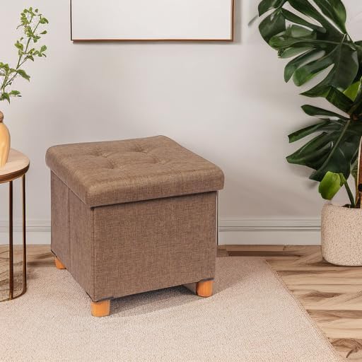 B FSOBEIIALEO Storage Ottoman with Tray, Foot Stools and Ottomans with Legs, Storage Cube Seat Linen Brown 15"
