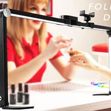 25inch Large Half Moon Light for Nail Tech, 5600K 3 Color Modes Infinitely Knob Arch Nail Light with Phone Holder Charging Function, Foldable Lighted Desk Lamp