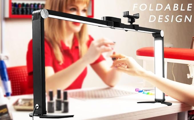 25inch Large Half Moon Light for Nail Tech, 5600K 3 Color Modes Infinitely Knob Arch Nail Light with Phone Holder Charging Function, Foldable Lighted Desk Lamp