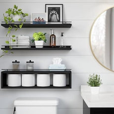 WOPITUES Floating Shelves for Wall 24 inch with Cube Shelf, Wall Shelves with Metal Rail for Decor, Bathroom Organizers and Storage, Over Toilet Shelves for Bathroom, Toilet Paper-Black