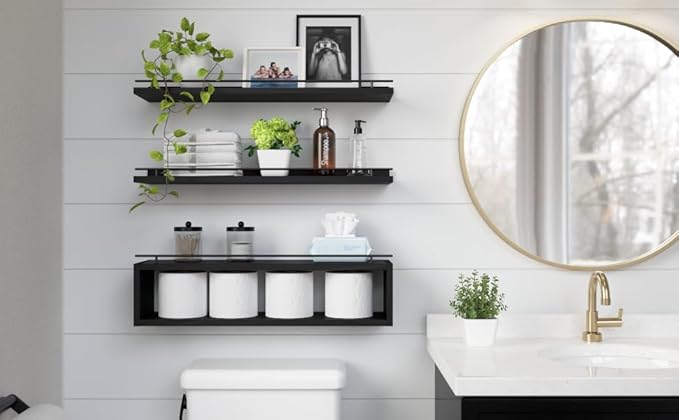 WOPITUES Floating Shelves for Wall 24 inch with Cube Shelf, Wall Shelves with Metal Rail for Decor, Bathroom Organizers and Storage, Over Toilet Shelves for Bathroom, Toilet Paper-Black