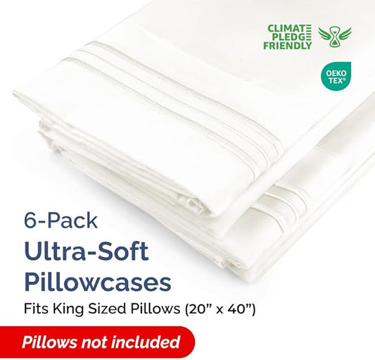 King Pillow Cases Set of 6 - Ultra Soft Hotel Quality Pillowcase Covers - Comfy, Cozy & Wrinkle Free - Shrink, Stain & Fade Resistant - Machine Washable Pillow Protectors - 6 Piece Set - Antique White
