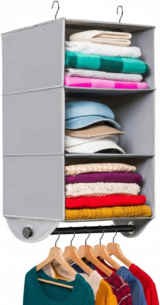 HOLDN’ STORAGE - 3 Shelf Hanging Closet Organizer with Metal Rod - Bamboo Inserted, Holds up to 24 pounds - 24” W x 12” D x 29.5”H - Perfect for College Dorms & RV Hanging Organizer