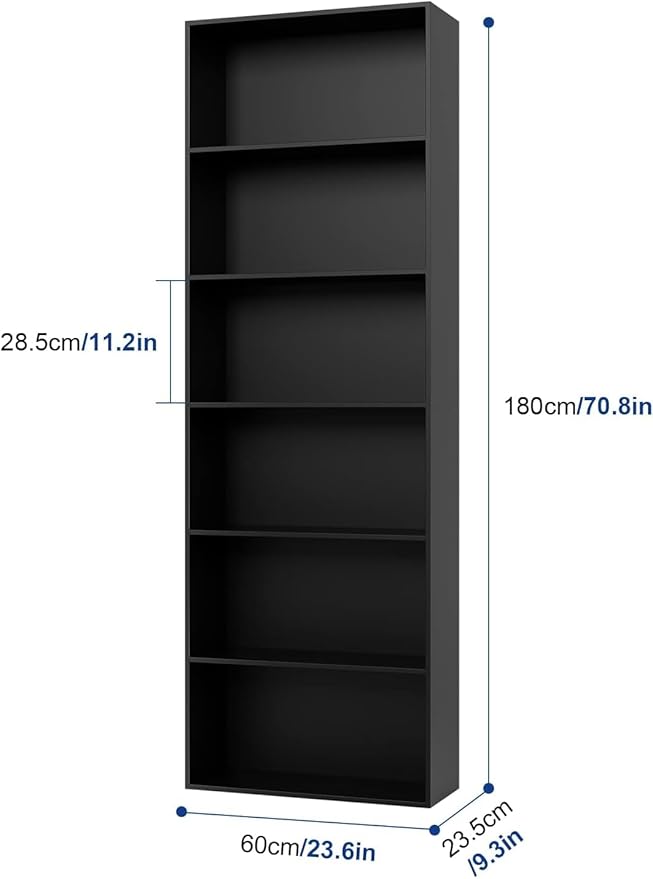 FOTOSOK 6-Tier Open Bookcase and Bookshelf, Freestanding Display Storage Shelves Tall Bookcase for Bedroom, Living Room and Office, Black