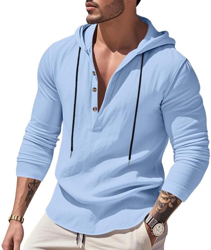 Men's Linen Blend Hoodie Long Sleeve Henley Pullover Sweatshirt Casual Loose Fit Top for Workout Beach Wear