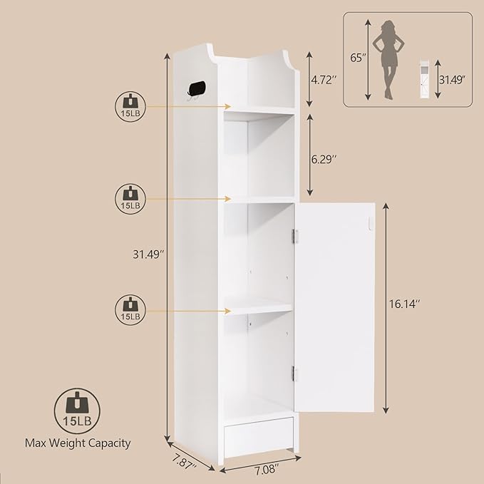 Small Bathroom Storage Cabinet, Toilet Paper Storage,Corner Floor Cabinet with Doors and Adjustable Shelf,Bathroom Organizer for Small Spaces White