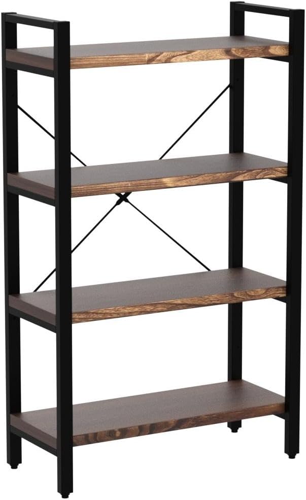 Solid Wood Bookshelf,4 Tier Rustic Vintage Industrial Etagere Bookcase, Open Metal and Wood Vintage Book Shelf, Retro Brown (RealWood)(4-Tier)