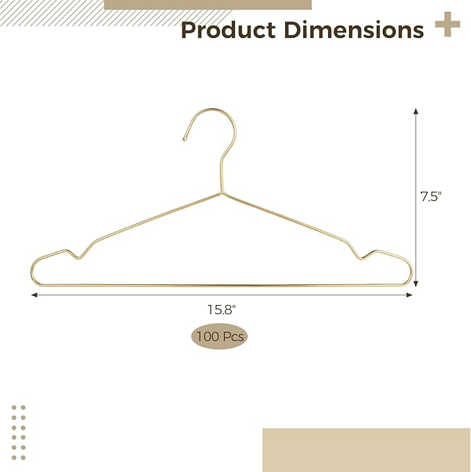 Gold Metal Hangers for Clothes - 100 Pcs Stainless Steel Wire Clothes Hangers, Heavy-Duty, Space-Saving for Coat Suit Dress