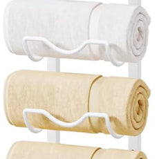 HapiRm Over The Door Towel Rack - 8 Tier Wall Mount Rolled Towel Holder Storage Organizer Shelf with Storage Basket for Small Bathroom, Rv, Camper - White