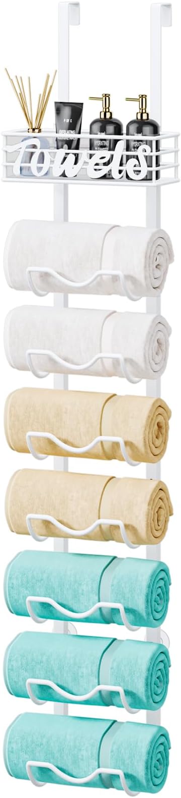 HapiRm Over The Door Towel Rack - 8 Tier Wall Mount Rolled Towel Holder Storage Organizer Shelf with Storage Basket for Small Bathroom, Rv, Camper - White
