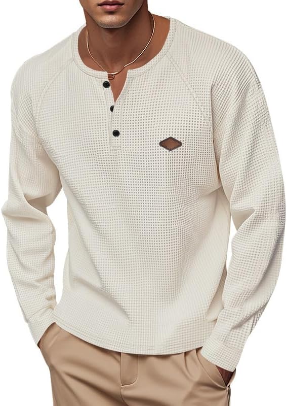 Men's Warm Waffle Top - 1/4 Button Round Neck Solid Color Casual Sweatshirt for Daily Vacation Wear