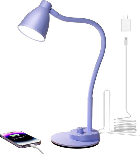 BOHON LED Desk Lamp with USB Charging Port, 3 Color Modes Fully Dimmable Reading Lamp, Auto Dimming Task Lamp, Flexible Neck Table Light for Office Dorm Bedside, Adapter Include