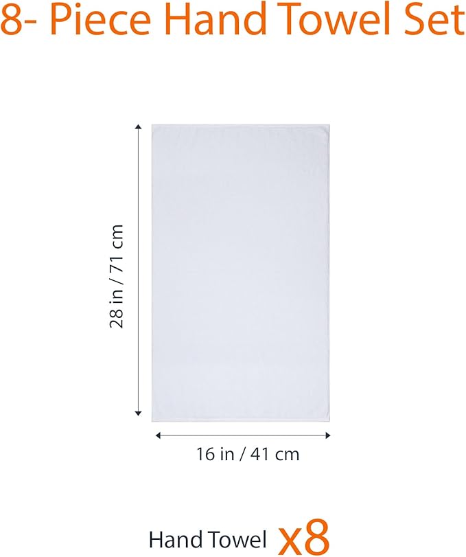 Amazon basics 100% cotton Lightweight quick-dry hand towels, 8-pack, White, 28" x 16"