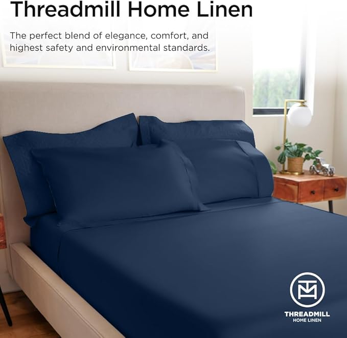Threadmill 100% Cotton Sheets for King Size Bed - 600 Thread Count King Bed Sheets Set with 16” Deep Pocket - Sateen Weave 4-Piece Bedding Set with Cooling Effect, Folkstone Blue