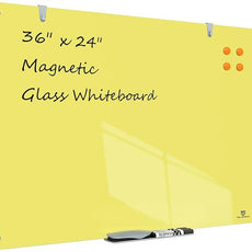 TSJ OFFICE Glass Dry-Erase Board - 36 x 24 Inches Wall Mounted Magnetic Whiteboard, Large Frameless Glass White Board for Office, Home & School, Yellow