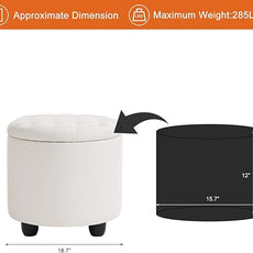 Furniliving Upholstered Button Tufted Round Ottoman, PU Storage Ottoman Round, Removable Lid Convenient Footstools, Classic Ottoman with Storage for Vanity, Nursery Room，IvoryWhite