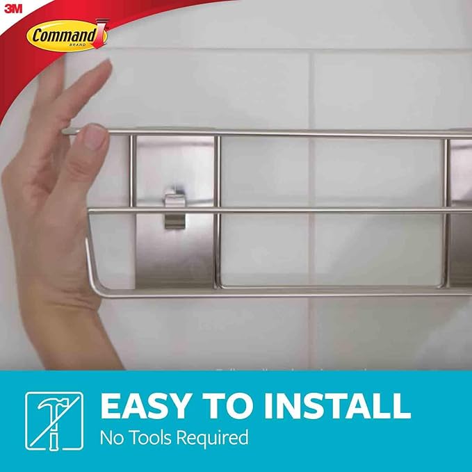 Command Shower Caddy Satin Nickel with Water Resistant Command Strips, Bathroom Organizer, Holds up to 6.5 lbs