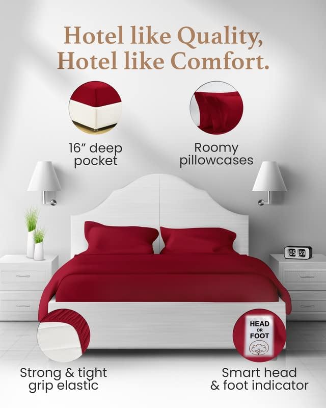 Good Sleep Bedding Egyptian Cotton - 4 Pc Cooling Bed Sheets, Solid Sateen Weave, Ultra Soft 16" Deep Pocket, Burgundy Queen Sheets Set GoodSleepBedding