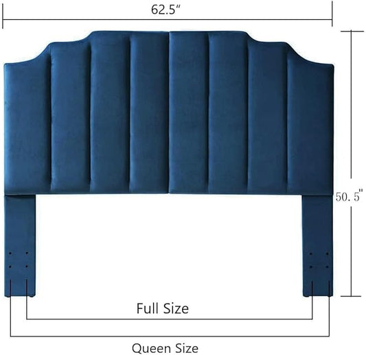 24KF Navy Blue Velvet Tufted Queen Upholstered Headboard, Modern Vertical Channel Design California Queen/Full Headboard with Stepped Silhouette Top Edge, 6026-Q-Navy Blue