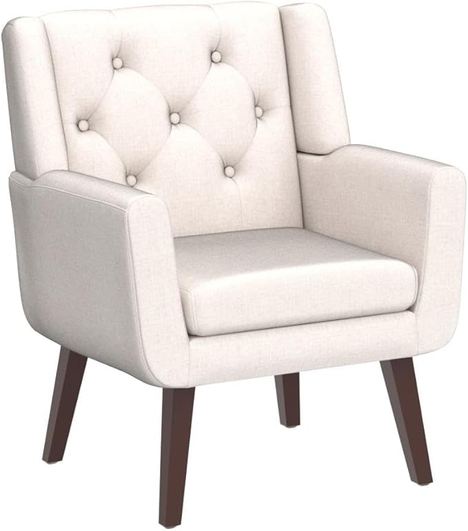 Living&Giving Accent Chair Button-Tufted Upholstered Living Room Chairs Comfy Reading Mid Century Modern with Linen Fabric Lounge Arm for Bedroom (Beige) 29.33D x 28.94W x 34.65H Inch