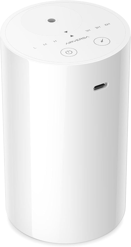 Airversa Waterless Diffuser for Essential Oil, Battery Operated Nebulizer, 0.7 Fl.Oz./ 20mL Capacity, Mini Scent Air Machine, 3 Countdown Timers & 3 Mist Levels for Home Room Car Office - AN8 White