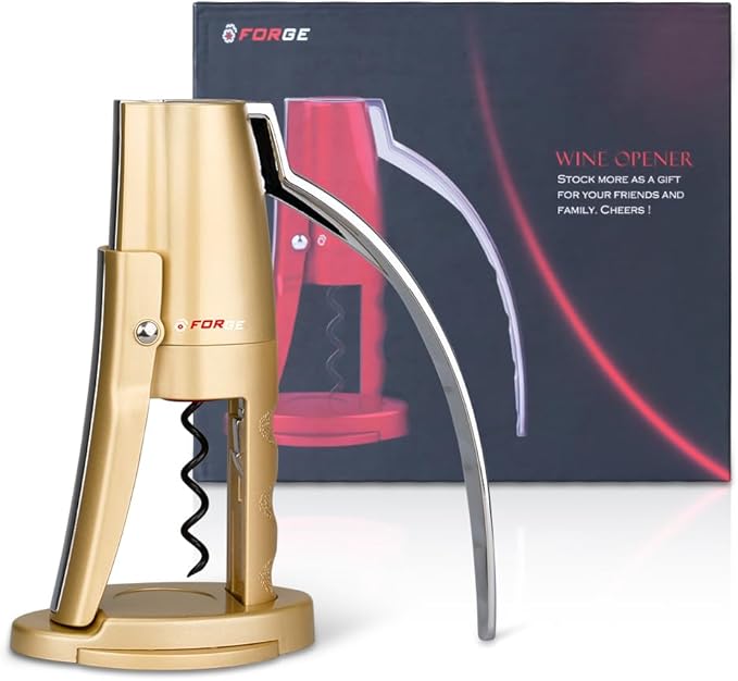 Forge Quality Compact Vertical Lever Corkscrew Wine Opener with Foil Cutter. 3 Seconds to Open a Bottle of Wine. Champagne Gold.