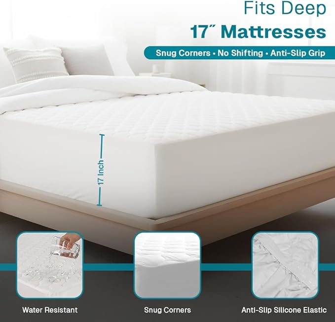 FABDREAMS Organic Quilted Mattress Protector | Mattress Pad| Queen Mattress Cover| Naturally Breathable | Noiseless| Fits up to 17" Deep Pocket| Temperature Regulating | Queen | White